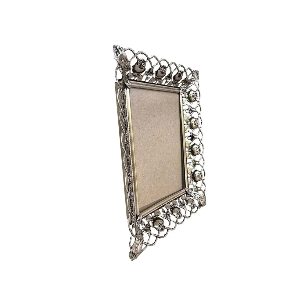 Vtg Filigree Antique Style Silver Rose Picture Frame Ornate Openwork Lattice